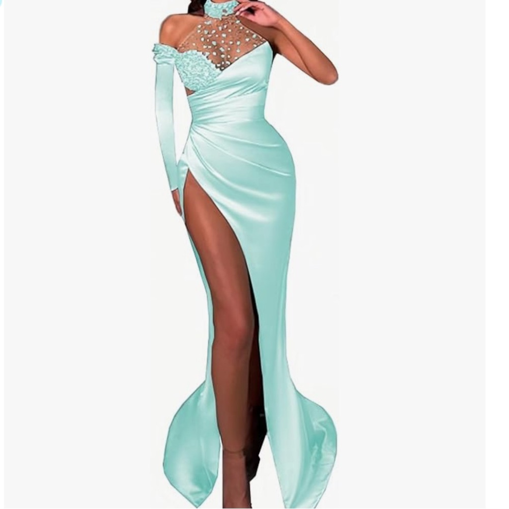 Halter Mermaid Prom Dresses with Slit Long Satin Formal Beaded Elegant Gala Gown